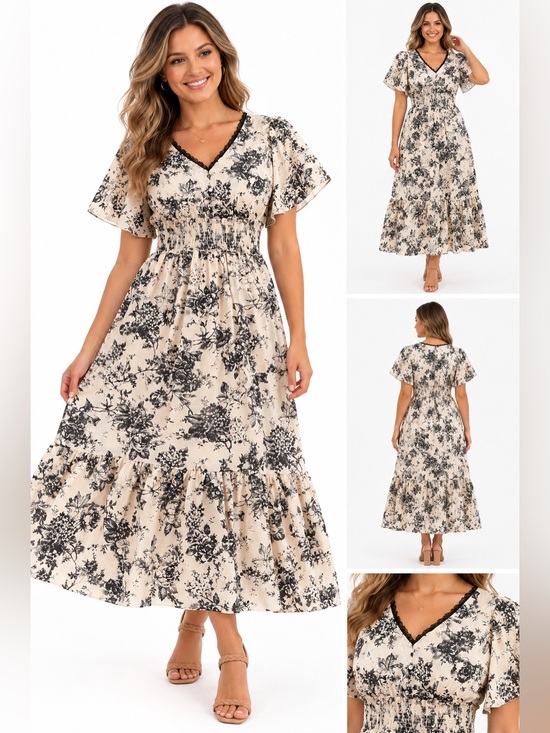 Kate And Lily Dresses & Skirts - Kate & Lily Black Ivory Floral Smocked Waist Flutter Sleeve Maxi Dress Size 10
